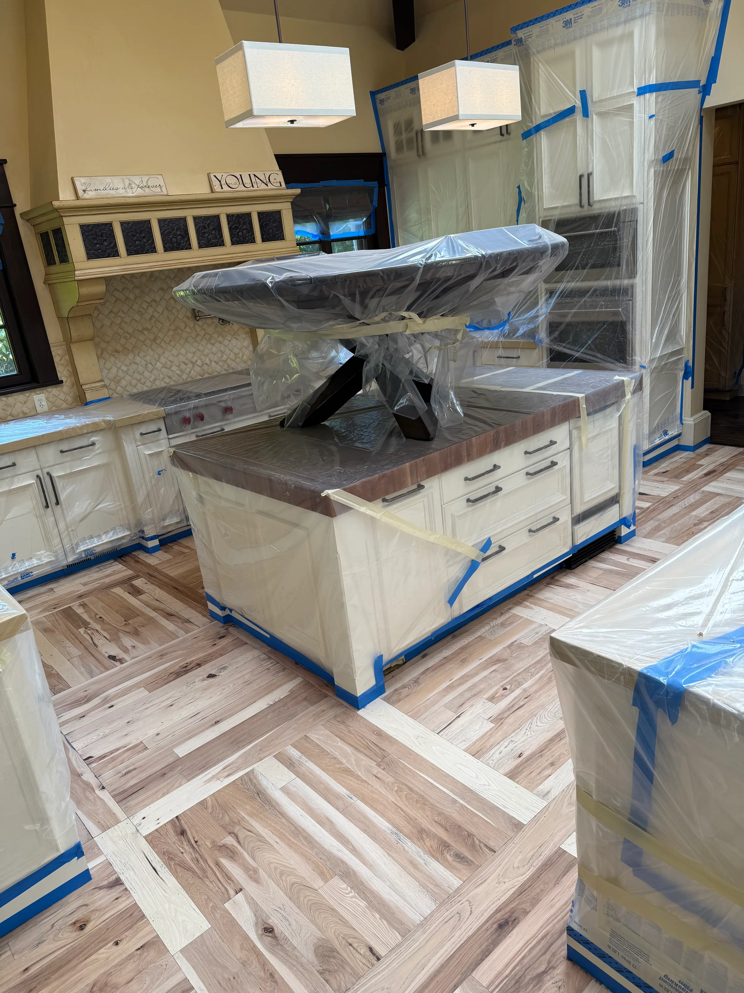 Hickory flooring in parquet pattern with geometric design showing natural wood variation and grain